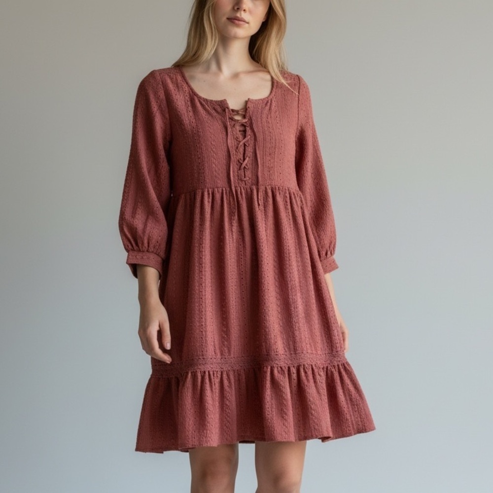 FRYE AND CO. Women's Long Sleeve boho rust Brick brown Dress